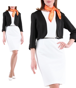 Платье футляр белое с ремнем, пиджаком черным, оранжевым платочком