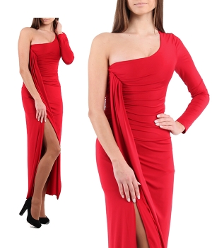 Красное вечернее платье в пол на одно плечо с разрезом от бедра