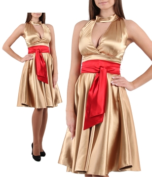 Платье золотое с пышной юбкой и поясом красным