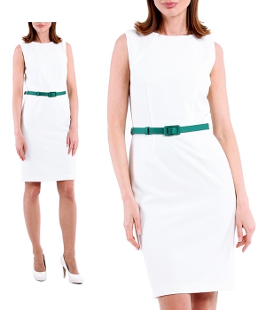 Платье белое с широким зеленым ремнем