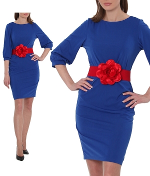 Платье синее с рукавом и поясом с красной розой