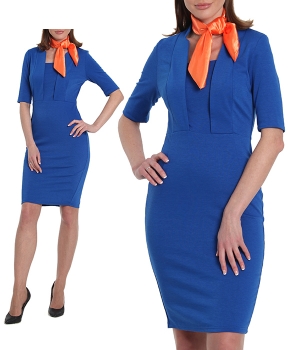 Платье синее до колена с рукавом и платочком оранжевым