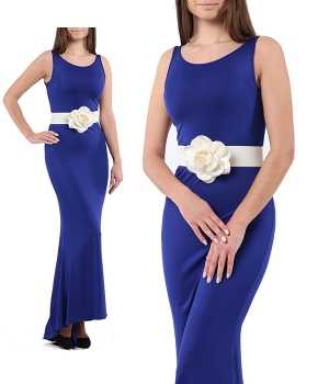 Длинное синее платье со шлейфом и розой на поясе "Примадонна"