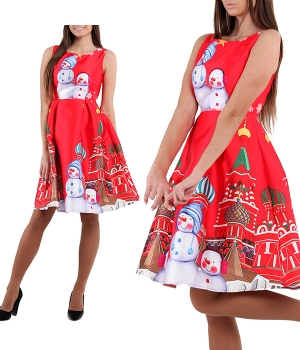 Платье красное со снеговиками и Кремлем