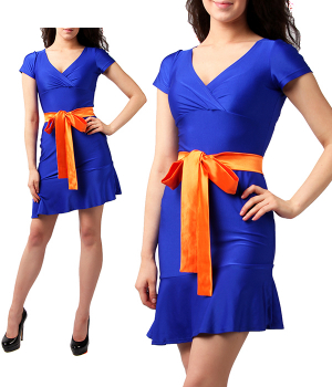 Платье синее с асимметричным низом и длинным оранжевым поясом