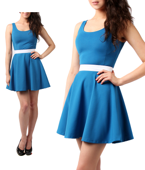 Платье синее колокольчик с белым поясом