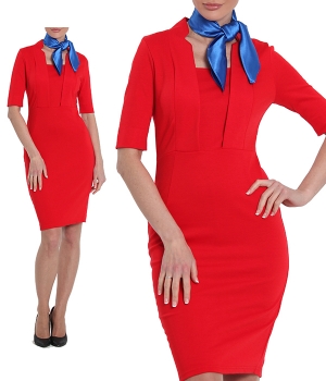 Платье красное до колена с рукавом и синий платочек