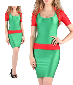 Платье зеленое по фигуре с красной отделкой