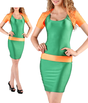 Платье зеленое по фигуре с оранжевой отделкой