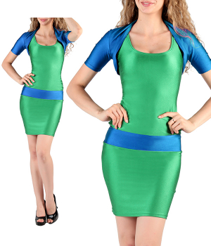 Платье зеленое по фигуре с голубой отделкой