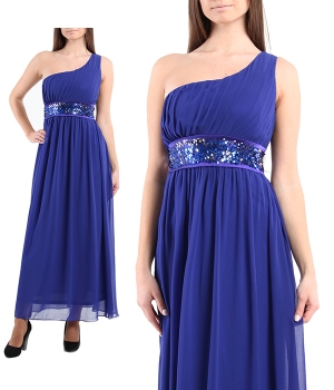 Вечернее синее платье в пол на одно плечо с пайетками на талии