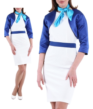 Платье футляр белое с синим болеро и поясом и голубым платочком
