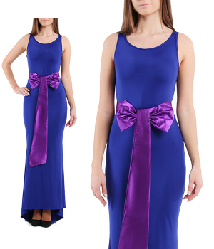 Вечернее синее платье в пол "Мадонна" и бантом пурпурным