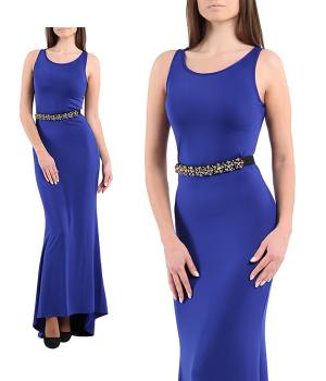 Платье обтягивающее синее в пол со шлейфом и стразами "Мадонна"