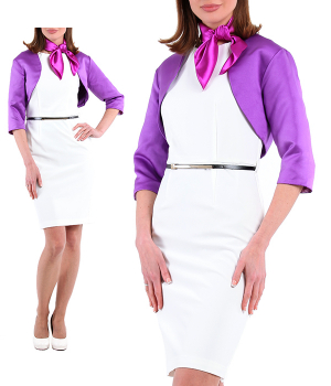 Платье футляр белое с ремнем и болеро фиолетовым с пурпурным платком