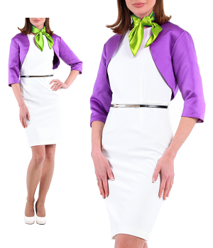 Платье футляр белое с ремнем и болеро фиолетовым с салатовым платком