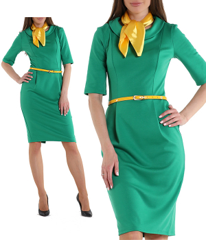 Платье зеленое с рукавом и желтыми платочком и ремнем