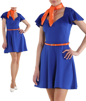 Платье коктейльное синее с оранжевым поясом и платочком