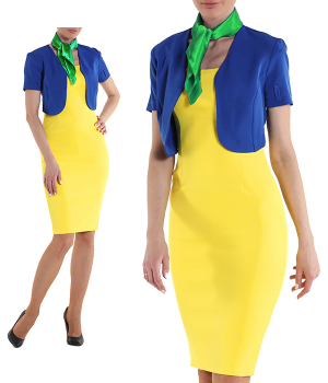 Платье футляр желтое до колена с болеро синим и платочком зеленым