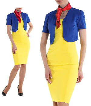 Платье футляр желтое до колена с болеро синим и платочком красным