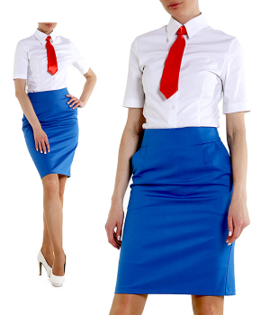 Блузка белая с юбкой сине-голубой и галстуком красным