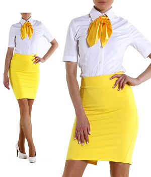 Блузка белая с юбкой желтой до колена и платочком желтым