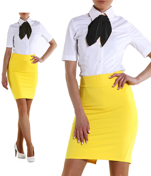 Блузка белая с юбкой желтой до колена и платочком черным