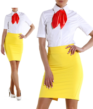 Блузка белая с юбкой желтой до колена и платочком красным