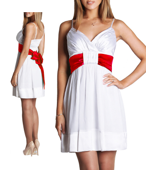 Платье белое колокольчик с поясом-бантом красным