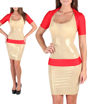 Платье золотое по фигуре с красной отделкой