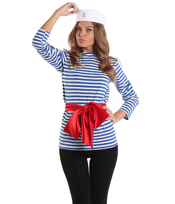 Костюм морячки Elawin (платье на шнуровке, головной убор, стринги, воротник и чулки), бело-синий, XL